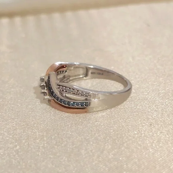 Diamond Three Stone Bypass Ring – 10K Rose Gold & Sterling Silver - Size 7 - Picture 7 of 9